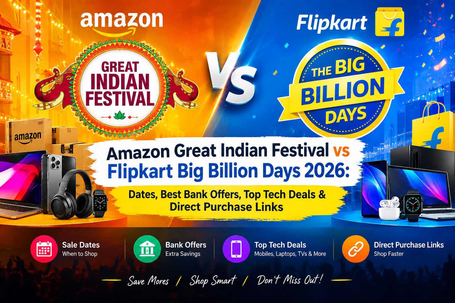 Amazon Great Indian Festival vs Flipkart Big Billion Days 2026: Dates, Best Bank Offers, Top Tech Deals & Direct Purchase Links
